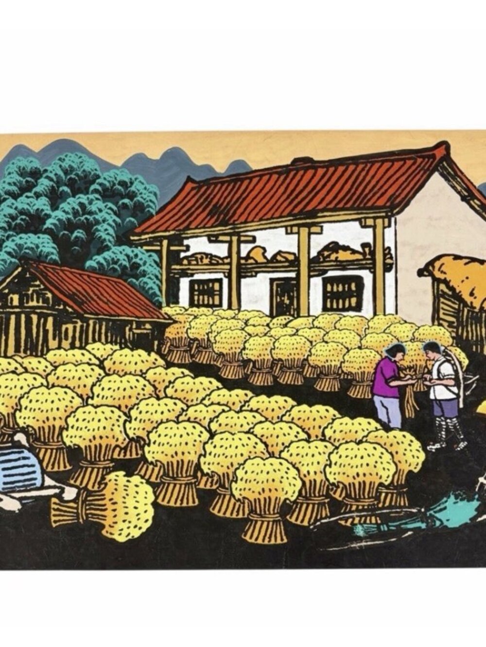 Chinese Huxian Peasant Painting 20.5 x 15” Folk Art Hand Painted Signed Vintage